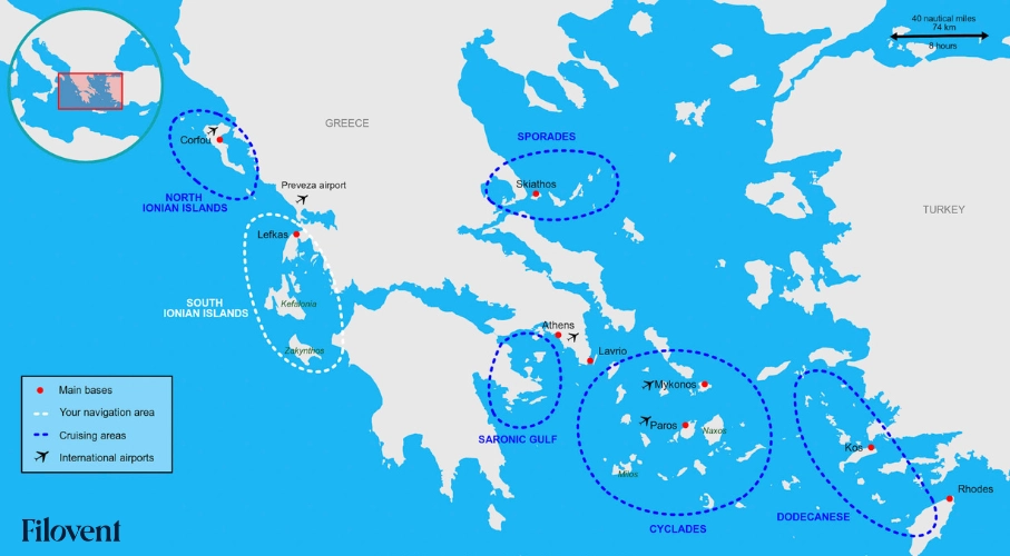 Karte der Segelreviere in Griechenland von Filovent: südliche Ionische Inseln mit Kefalonia, nördliche Ionische Inseln, Sporaden, Saronischer Golf, Kykladen und Dodekanes, mit Ausgangsstützpunkten und Flughäfen